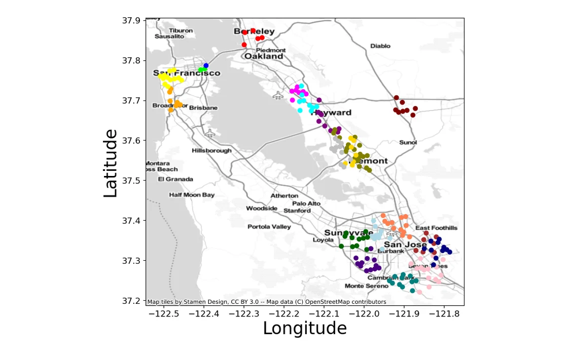 Map of the San Francisco Bay Area with colored points marking candidate vertiport locations
