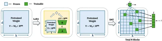 Diagram comparing LoRA's low-rank update with SMT's update of selected weight blocks